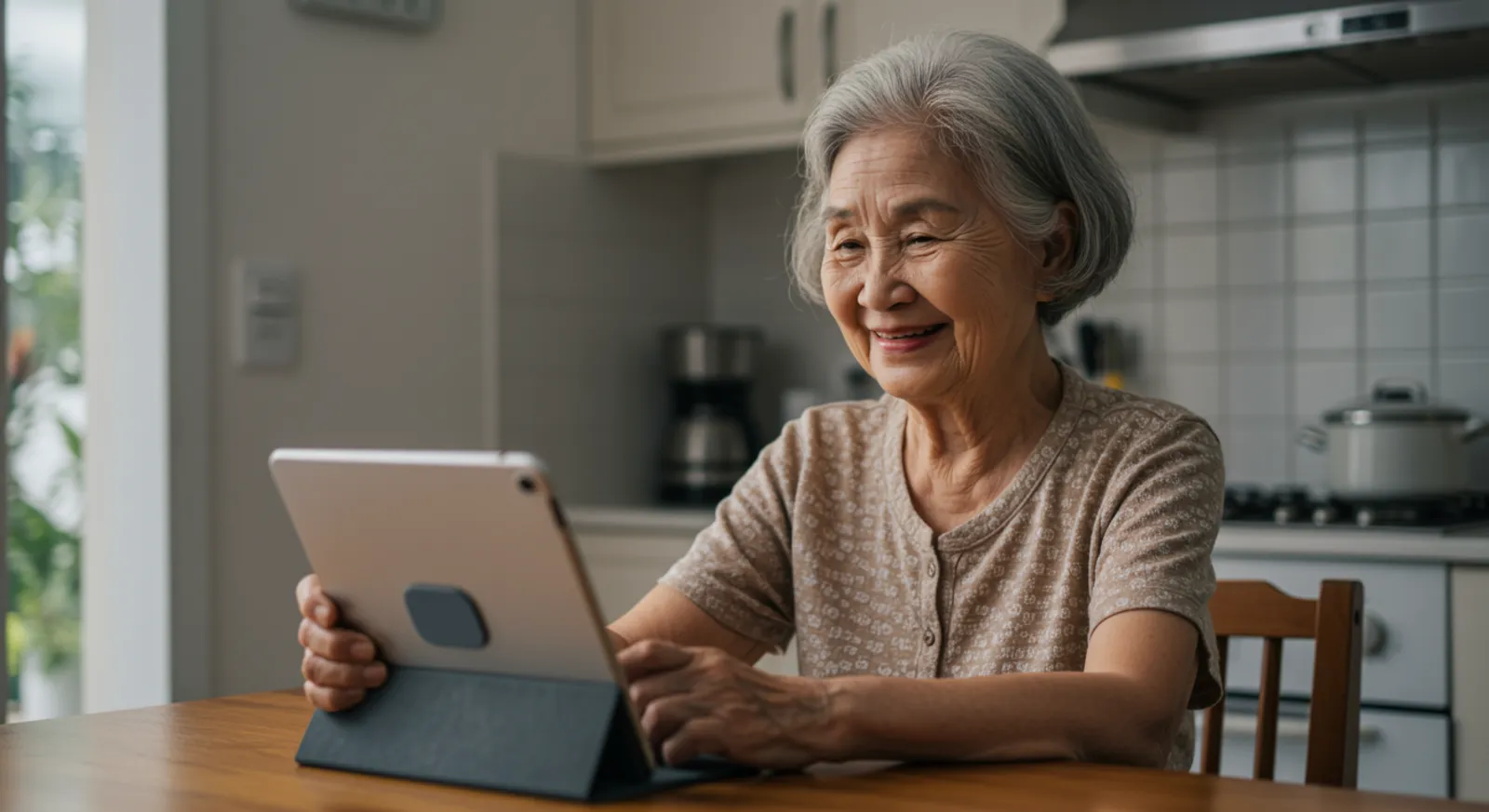 A grandmother smiling on a video call