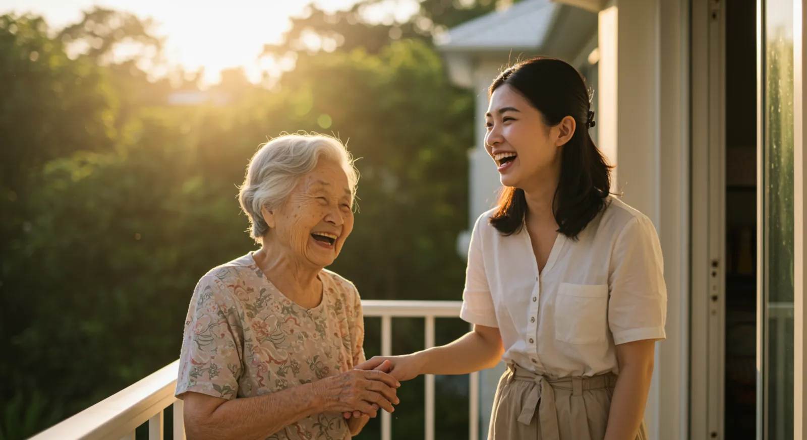A grandmother and daughter laughing together in golden light